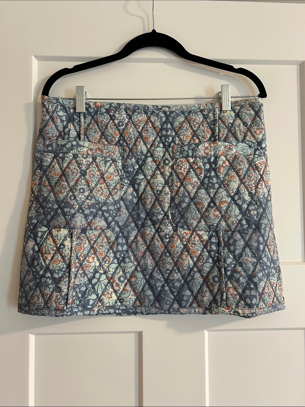 Free People Quilted Mini Skirt in Blue and Cream with Coral Accents